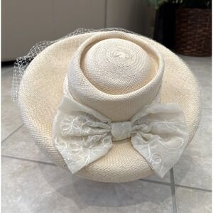 Vintage Icing Derby Church Tea Beige Dress Hat Veil Bow Wide Brim